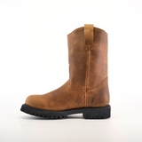 A single brown leather boot, named Tan Roper - Tractor Sole - Soft Toe, crafted from premium cowhide with a textured surface, mid-calf design, and pull tabs. It features a Tan Roper Tractor Sole with deep treads and is shown in profile against a plain white background.