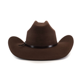 The 6X Bull Brown is a premium felt Western hat in dark brown featuring a sleek black band around its high pinched crown and a wide brim, epitomizing classic luxury Western wear. Its the perfect accessory for any stylish cowboy enthusiast.