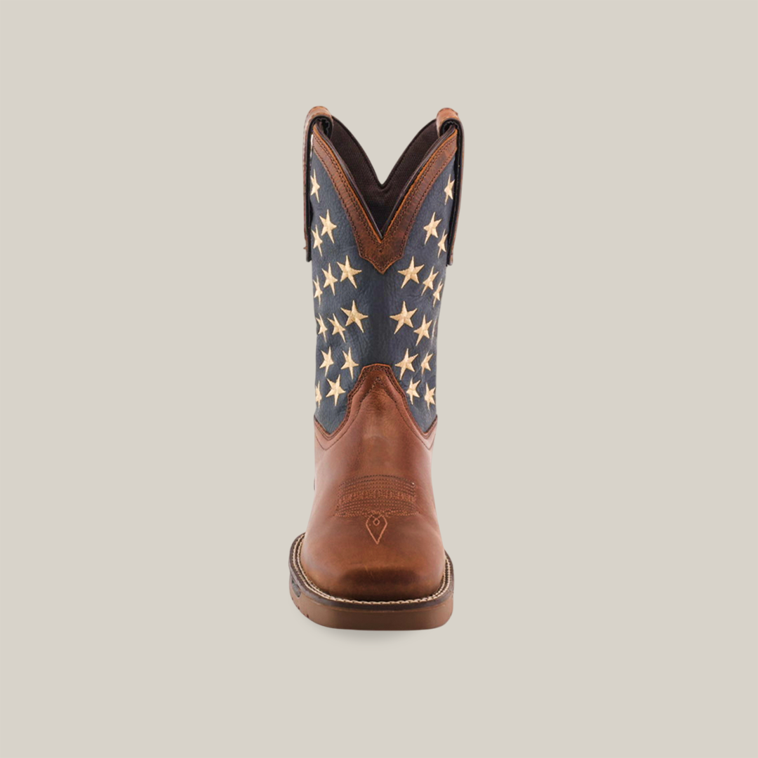 A single Navy Brown US Flag Waterproof - Composite Toe cowboy boot crafted from premium cowhide leather features a brown foot and a blue shaft with white stars. The boot is centered against a plain white background, highlighting its rugged construction.