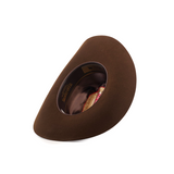 The 6X Sinaloa Brown hat is shown upside down, featuring a brown satin lining with a label and a decorative red and gold ribbon band that honors Western heritage.