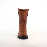 A single Brandy Roper boot with pull tabs is upright against a white background, highlighting its textured premium cowhide leather and sturdy black sole. Reflecting Western bootmaking heritage, the brown leather work boot showcases its front view with Laredo Sole and Soft Toe.