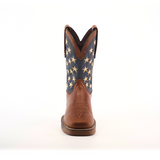 Front view of a Navy Brown US Flag boot features a brown leather foot and blue shaft with white stars, crafted from premium cowhide leather. Its centered on a white background, highlighting its western style and rugged durability typical of waterproof, quality work boots.