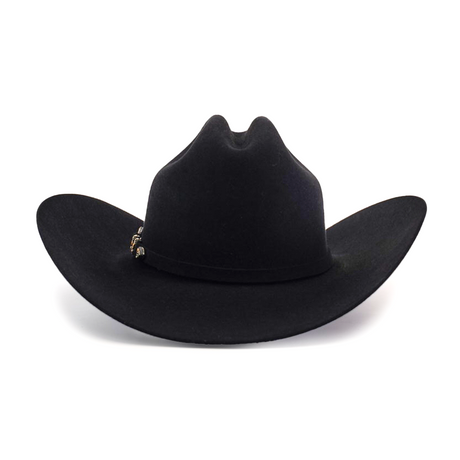 The 6X Real Black is a black fur felt cowboy hat with a wide brim, a subtle crease on the crown, and a decorative band, evoking iconic Western headwear.