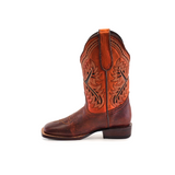 The Azkar Moka Square Toe cowboy boot features intricate stitching on its shaft and pull strap, along with a low heel. Crafted from premium materials, the rich brown leather finish stands out elegantly against a white background.