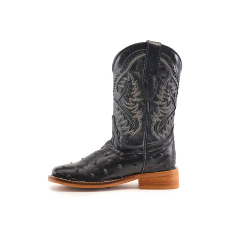 The Karoo Ostrich Print Black Square Toe cowboy boot is made from premium black cowhide leather, featuring intricate shaft embroidery and a light brown wooden heel. Its square toe boasts small decorative patterns for a textured look.