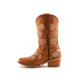 The Rama Honey Snip Toe boot is a genuine leather design for little girls, featuring a single brown cowboy style with a block heel, white floral embroidery, a slightly pointed toe, and a convenient pull tab.