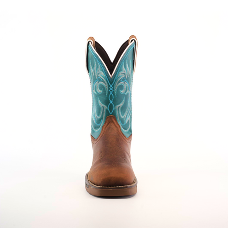 The Rustic Turquoise Brown cowboy boot stands upright against a white background, featuring an embroidered turquoise upper and crafted from premium cowhide leather.