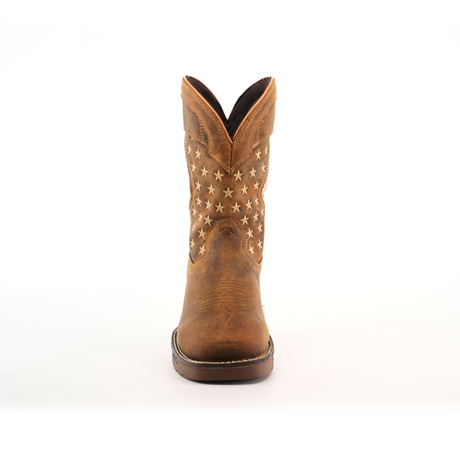 Close-up of the White Tan US Flag cowboy boot, handcrafted with decorative stitching on the toe. This waterproof, soft-toe boot has a square toe design and a black and white stitched welt. Made from cowhide leather, it boasts a worn finish for an appealing vintage look.