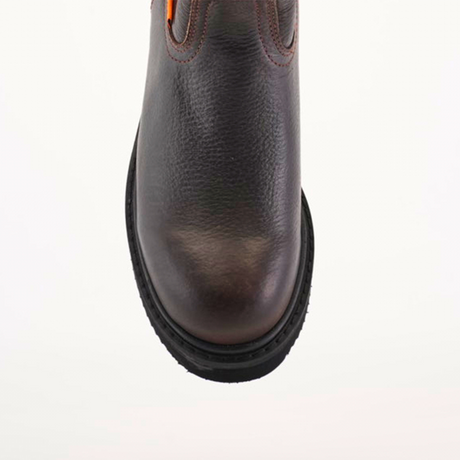 A top view of the Brown Roper - Laredo Sole - Soft Toe shoe made from premium cowhide features black soles and orange stitching near the opening. Showcasing exceptional craftsmanship, it’s centered against a plain white background.