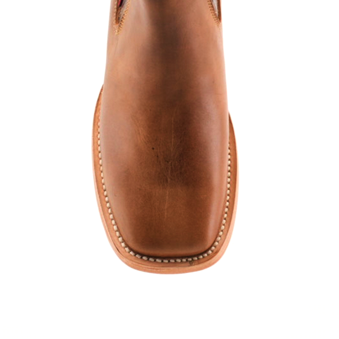 Top view of an Avejentado Honey square toe ankle boot in rich brown leather with intricate stitching framing the toe and edges. Set against a white background, this boot embodies classic cowboy charm and style.