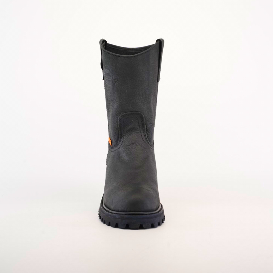 The Black Roper - Tractor Sole - Soft Toe is a black work boot with pull tabs, durable cowhide, and a rugged textured surface. The boot features the sturdy Black Roper Tractor Sole and is displayed against a white background.