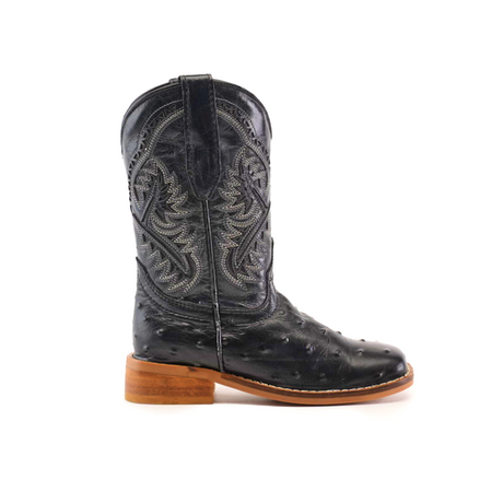 The Karoo Ostrich Print Black Square Toe cowboy boot features premium cowhide leather with intricate western stitching, a textured shaft design, smooth brown wooden sole, and square toe, all showcased on a white background.