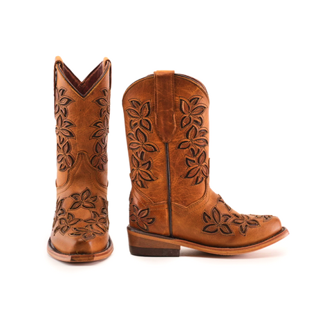 The Cosala Honey - Snip Toe boots showcase genuine leather craftsmanship, featuring a snip toe design and floral embroidery. One boot faces forward while the other turns to highlight the intricate stitching, capturing an authentic western style.