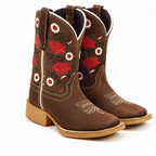 Kids Cowboy Boots - Brown Floral Shaft - Square Toe (TCK020)