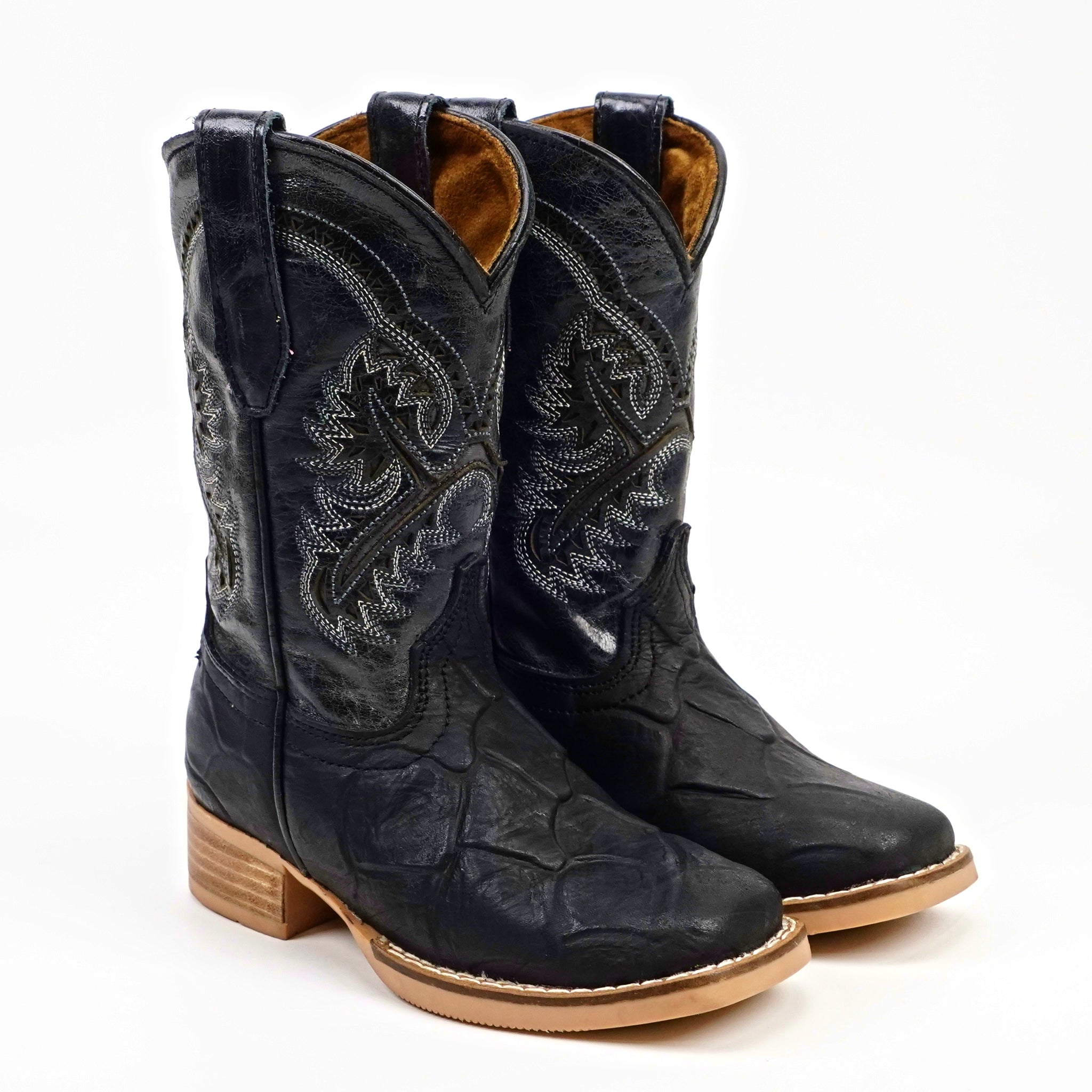 Black Pirarucu Fish - Embossed Leather Kids Boots - Square Toe (K92-1)