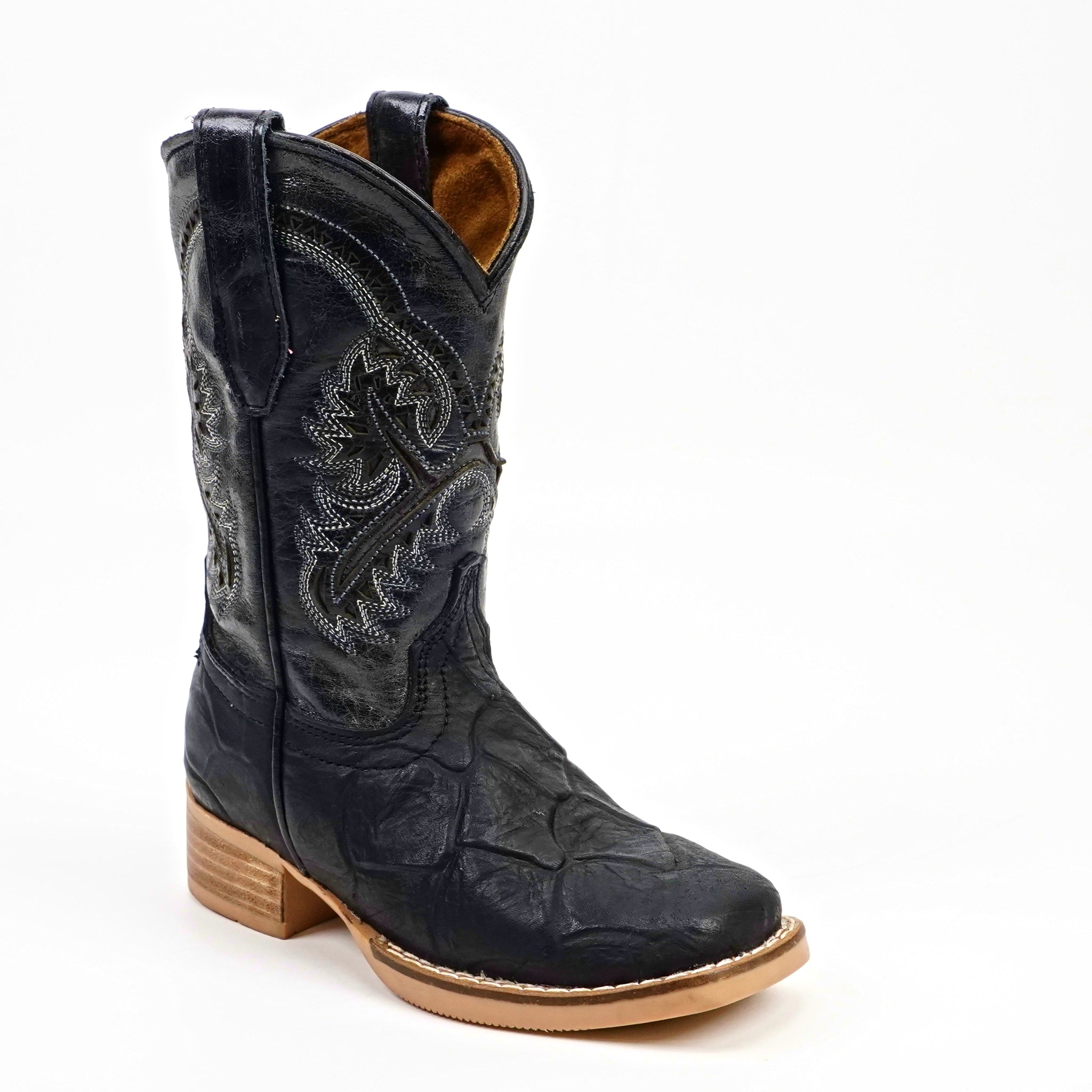 Black Pirarucu Fish - Embossed Leather Kids Boots - Square Toe (K92-1)