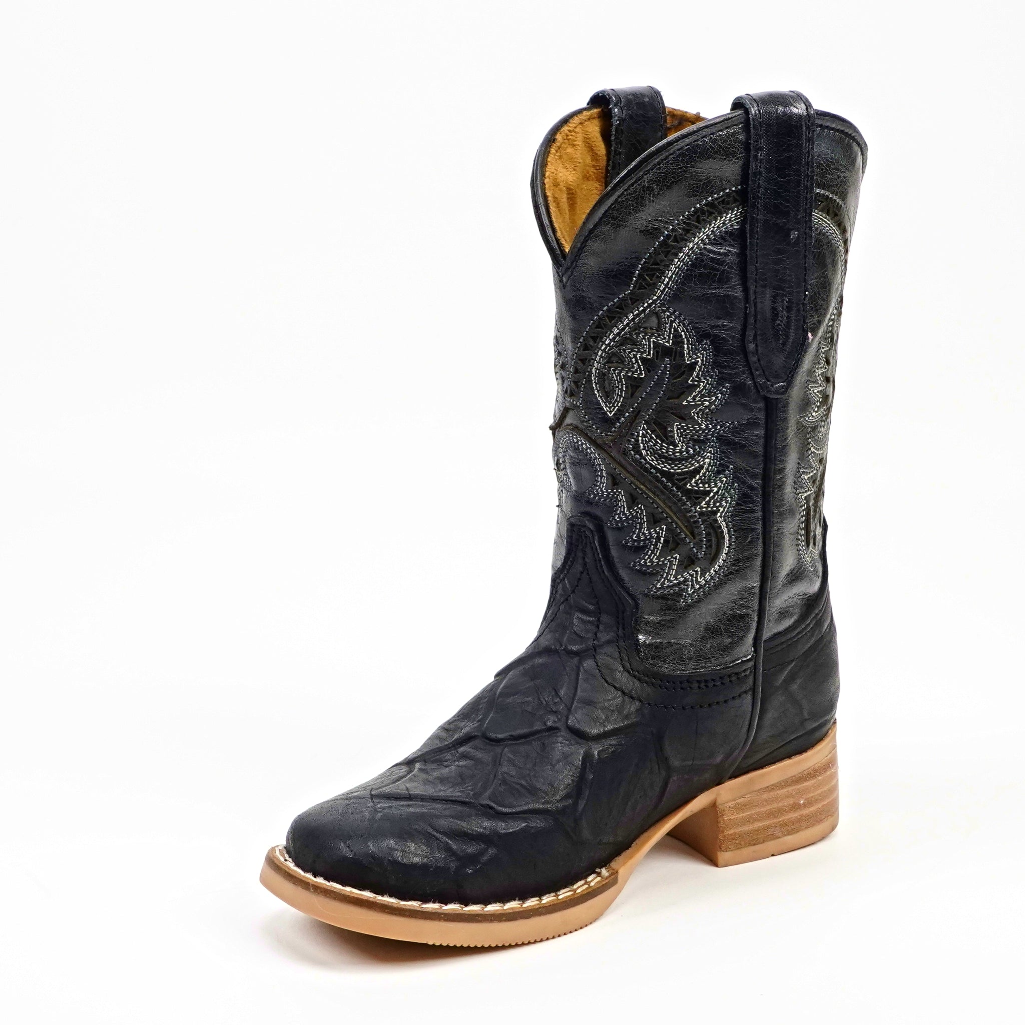 Black Pirarucu Fish - Embossed Leather Kids Boots - Square Toe (K92-1)