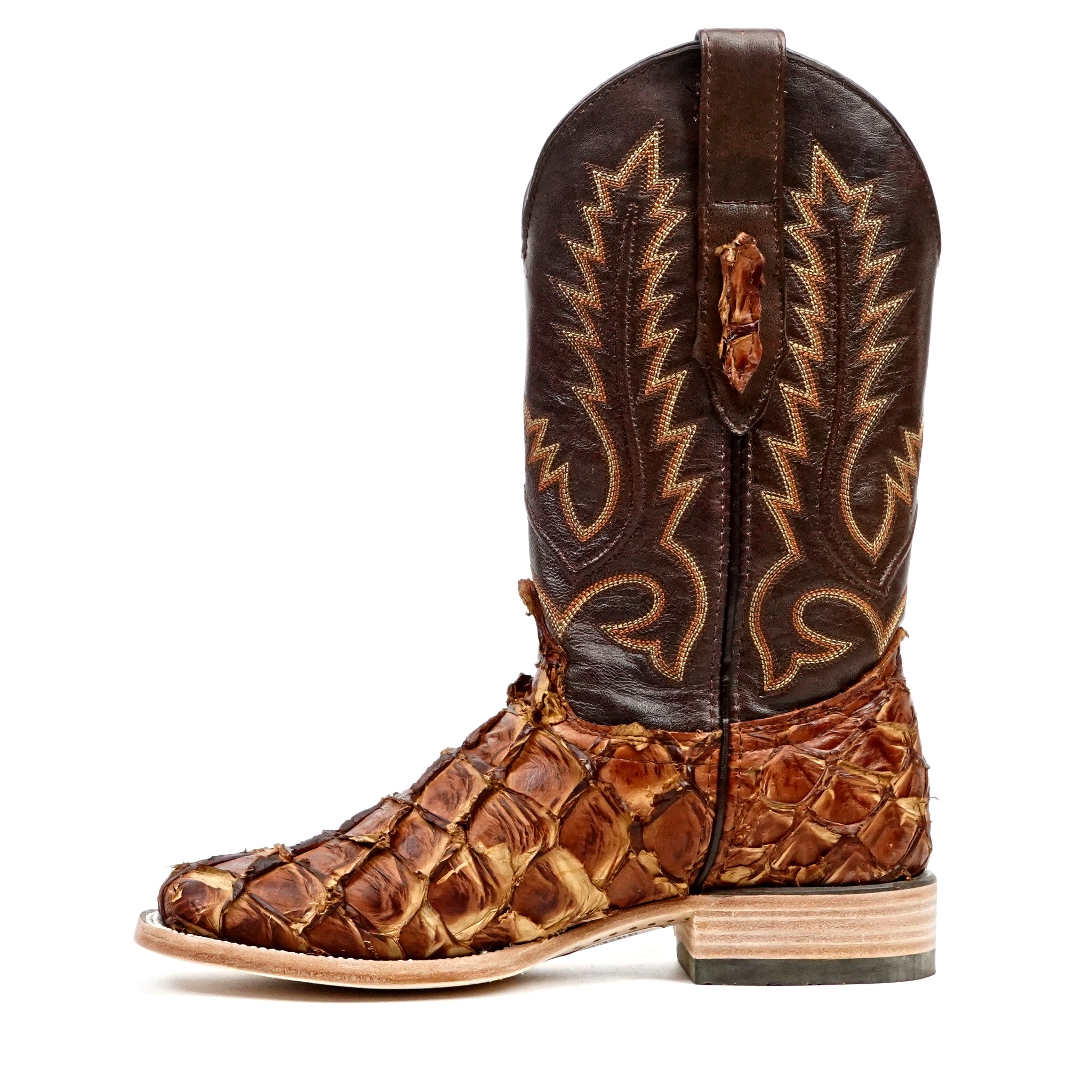 Connor Pirarucu Fish Boots- Pecan - Square Toe (PZ60) - Gomez Western Wear