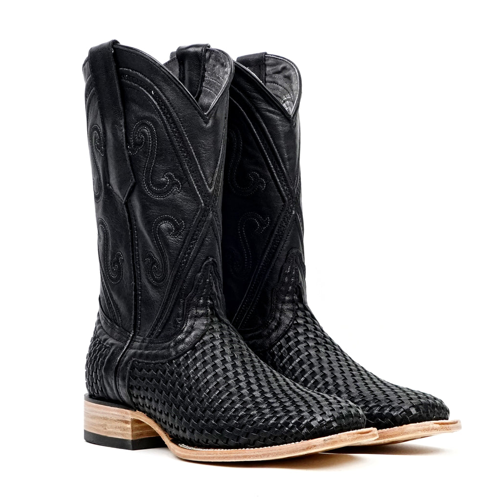 Rush Black Basketweave Boots - Square Toe (E633)