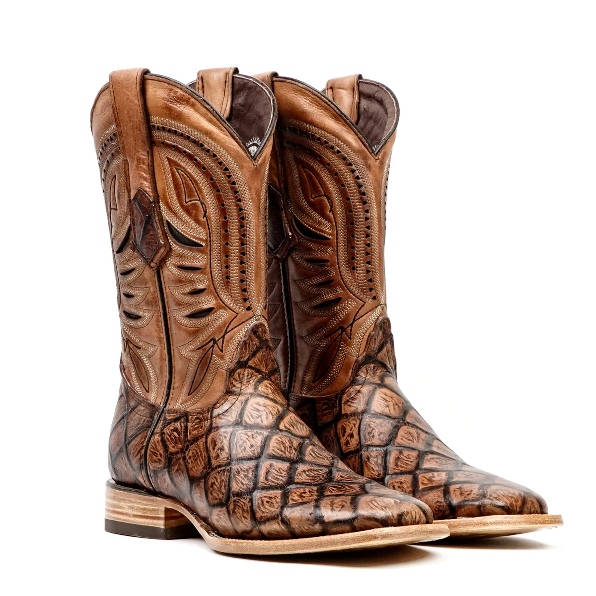 Pirarucu Chocolate Boots - Embossed Leather - Square Toe (E687)