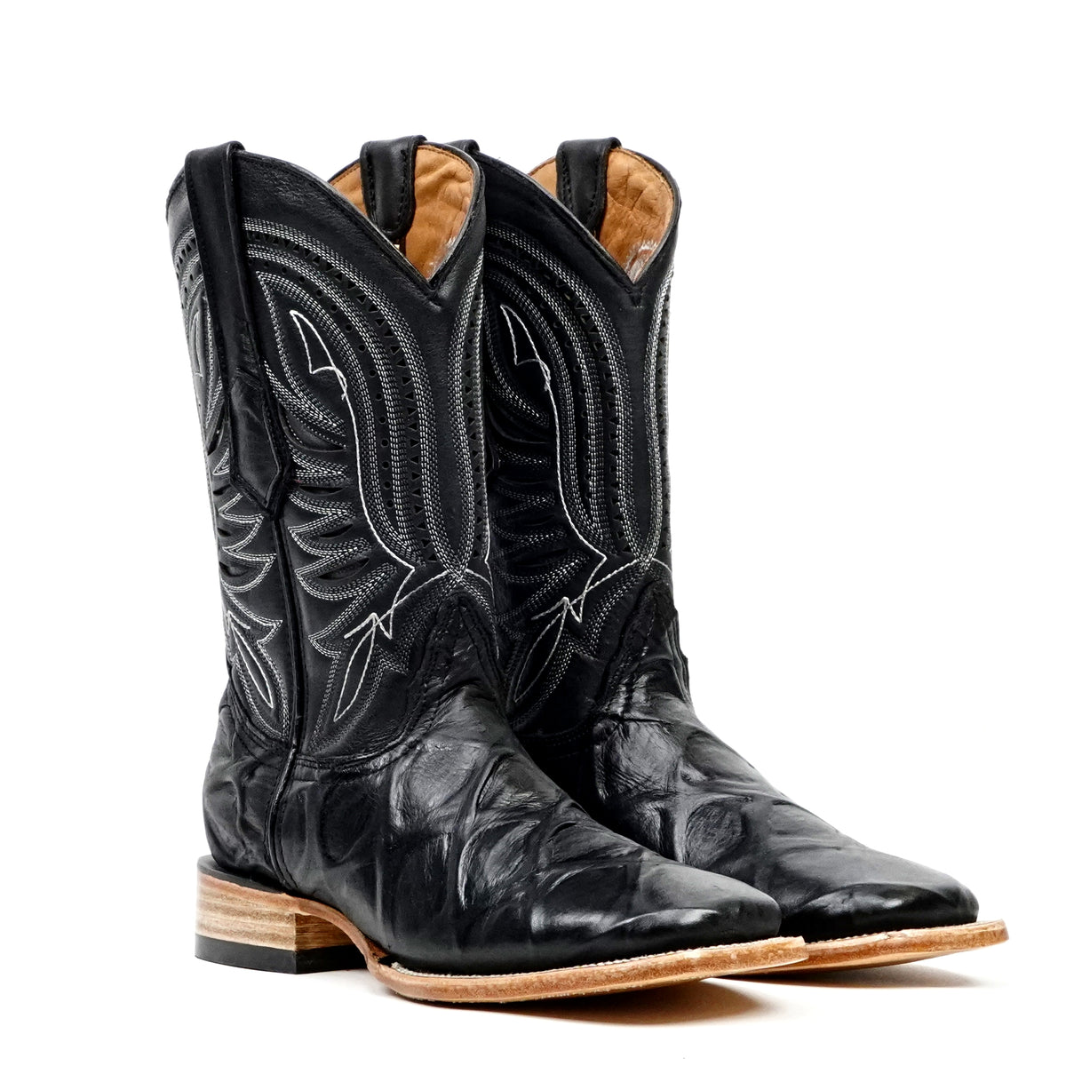 Pirarucu Black Boots - Embossed Leather - Square Toe (E687)