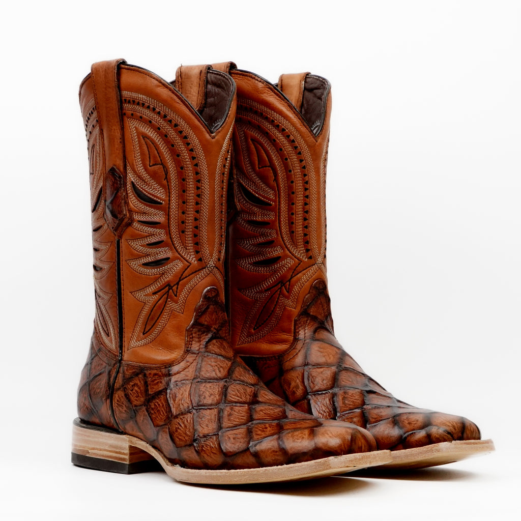 Pirarucu Cognac Boots - Embossed Leather - Square Toe (E687)