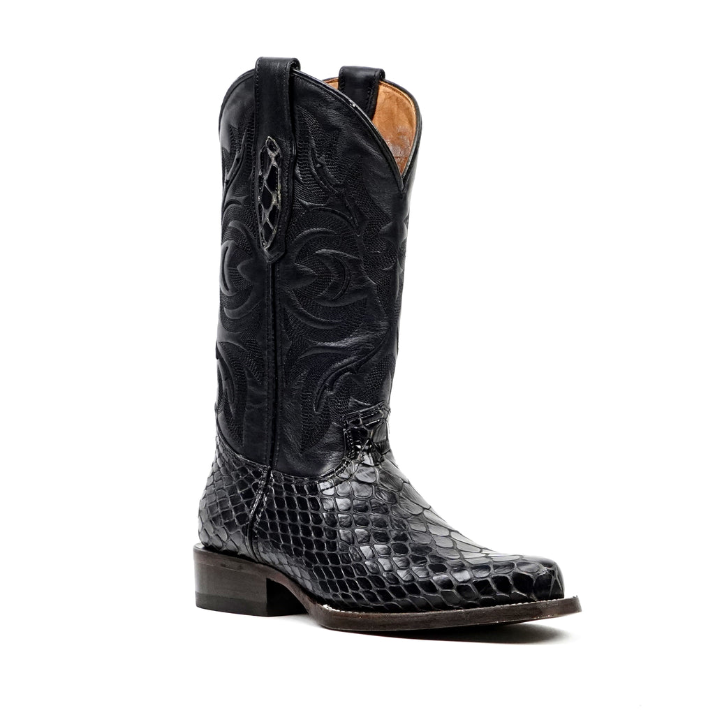 Snake Black Cowboy Boots - Embossed Leather - Roper Toe (E952)