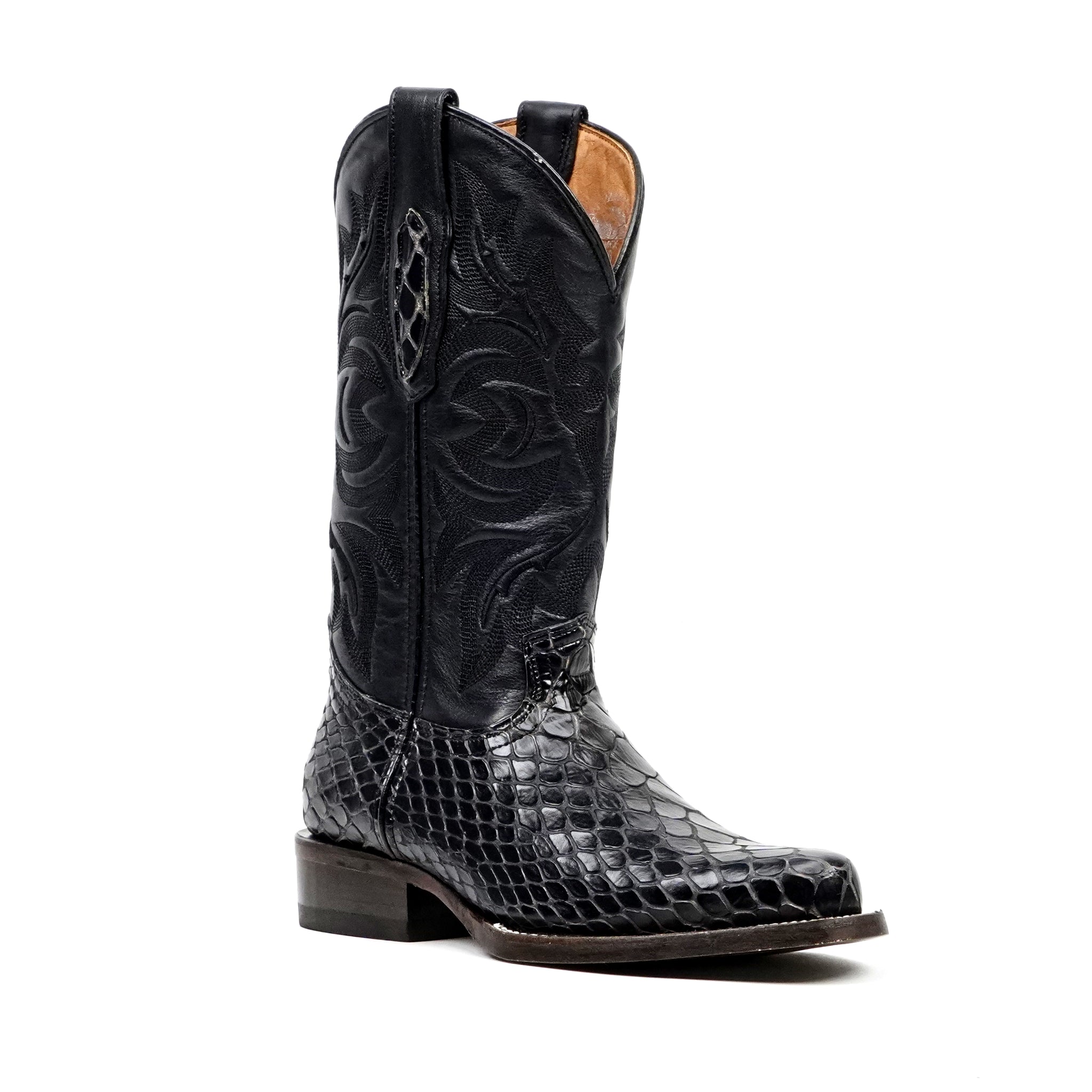 Snake Black Cowboy Boots - Embossed Leather - Roper Toe (E952)
