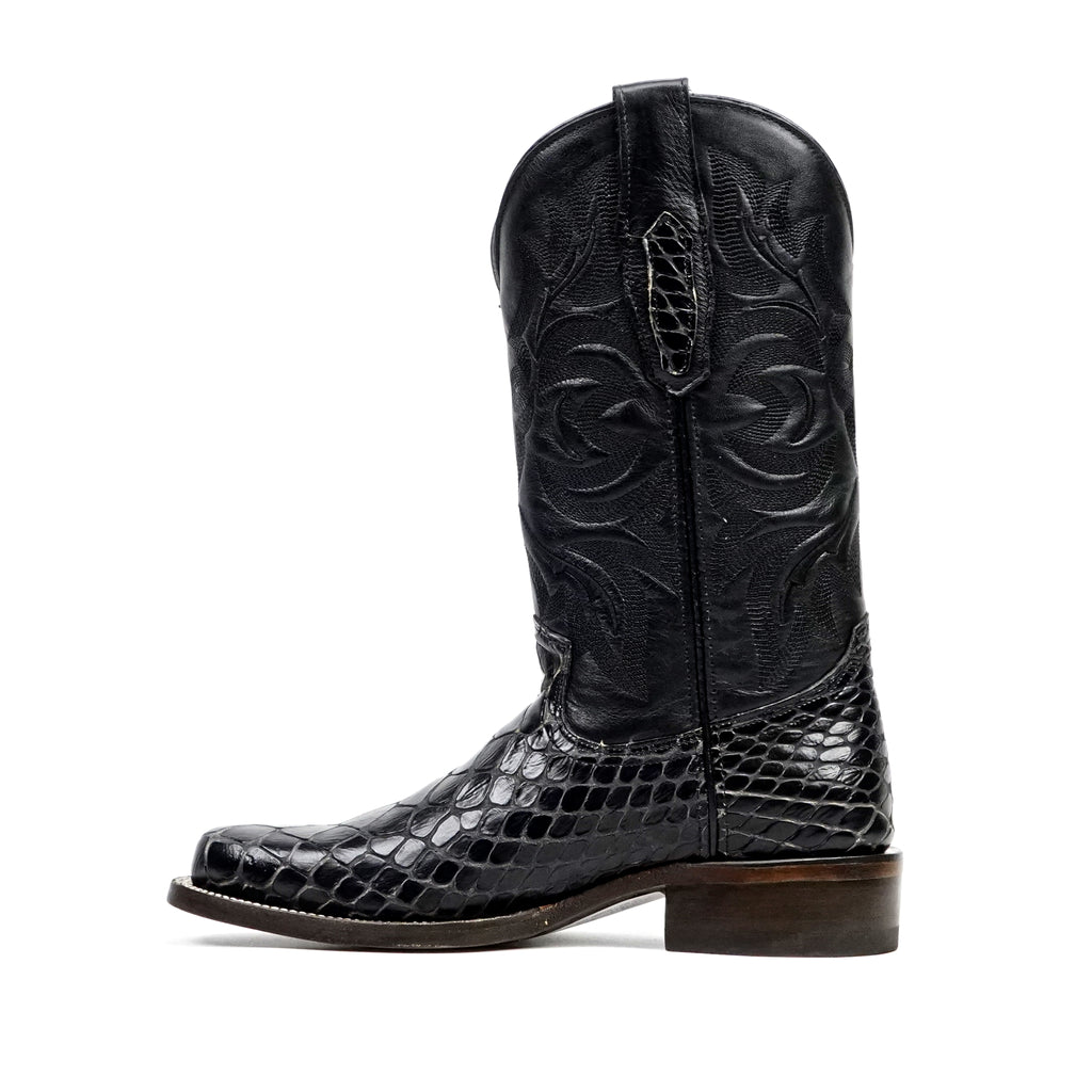 Snake Black Cowboy Boots - Embossed Leather - Roper Toe (E952)