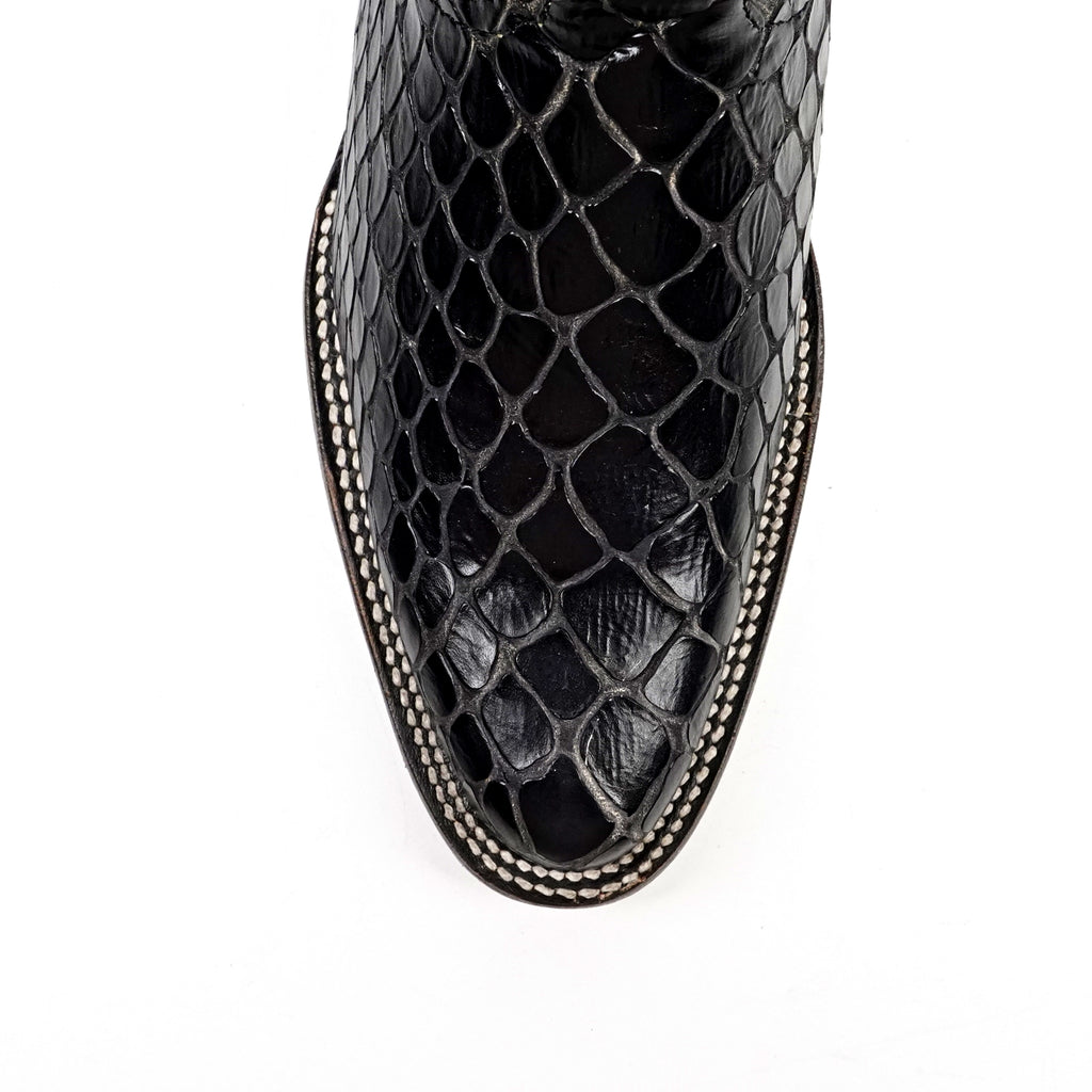 Snake Black Cowboy Boots - Embossed Leather - Roper Toe (E952)