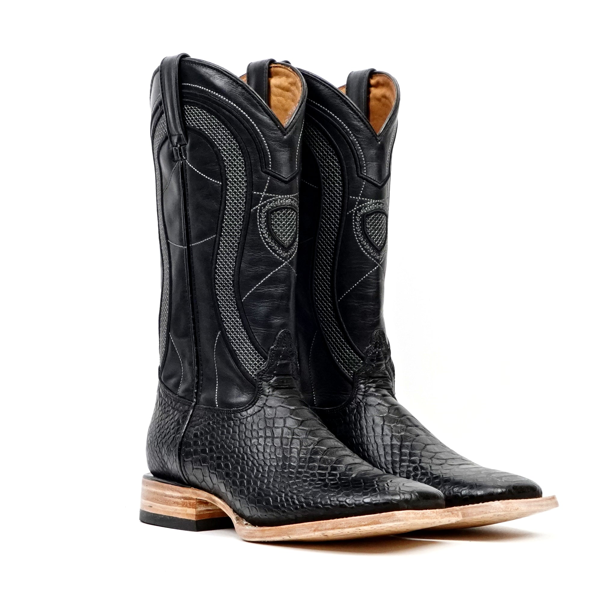 Python Black Boots - Embossed Leather - Square Toe (E913)