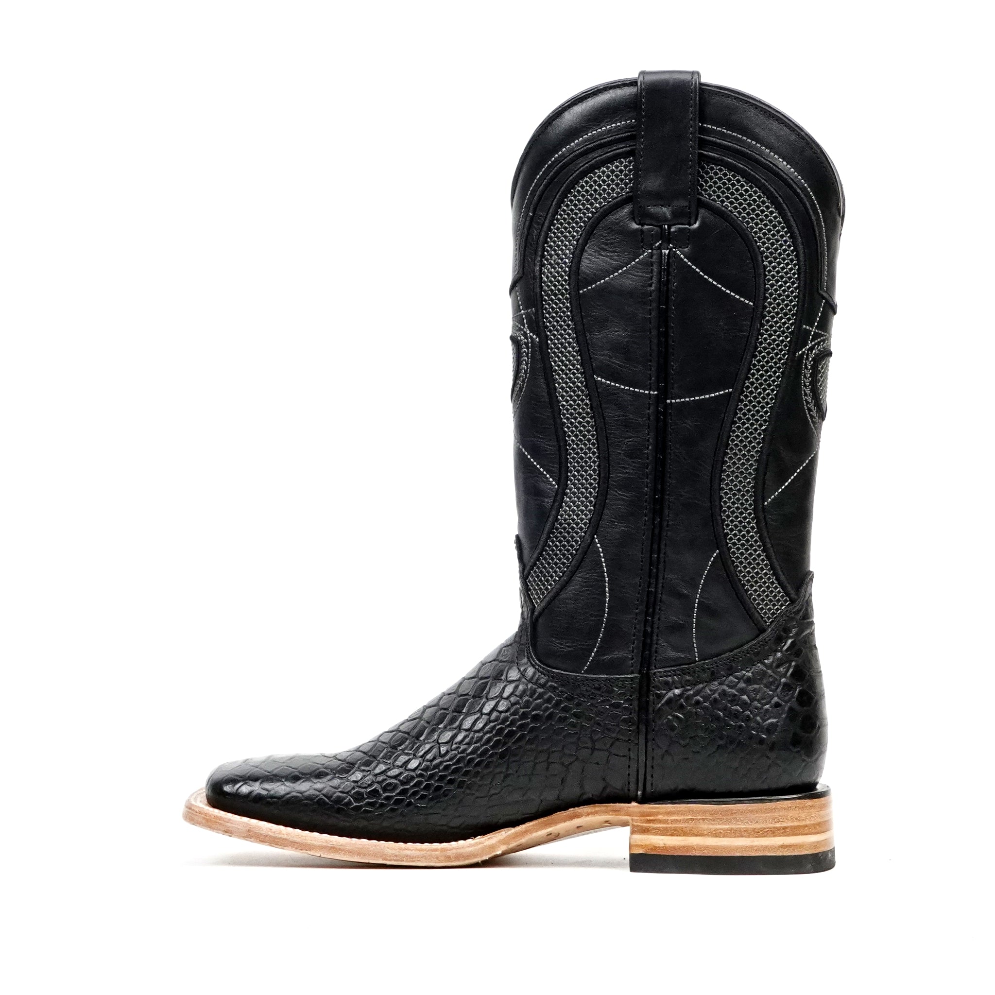 Python Black Boots - Embossed Leather - Square Toe (E913)