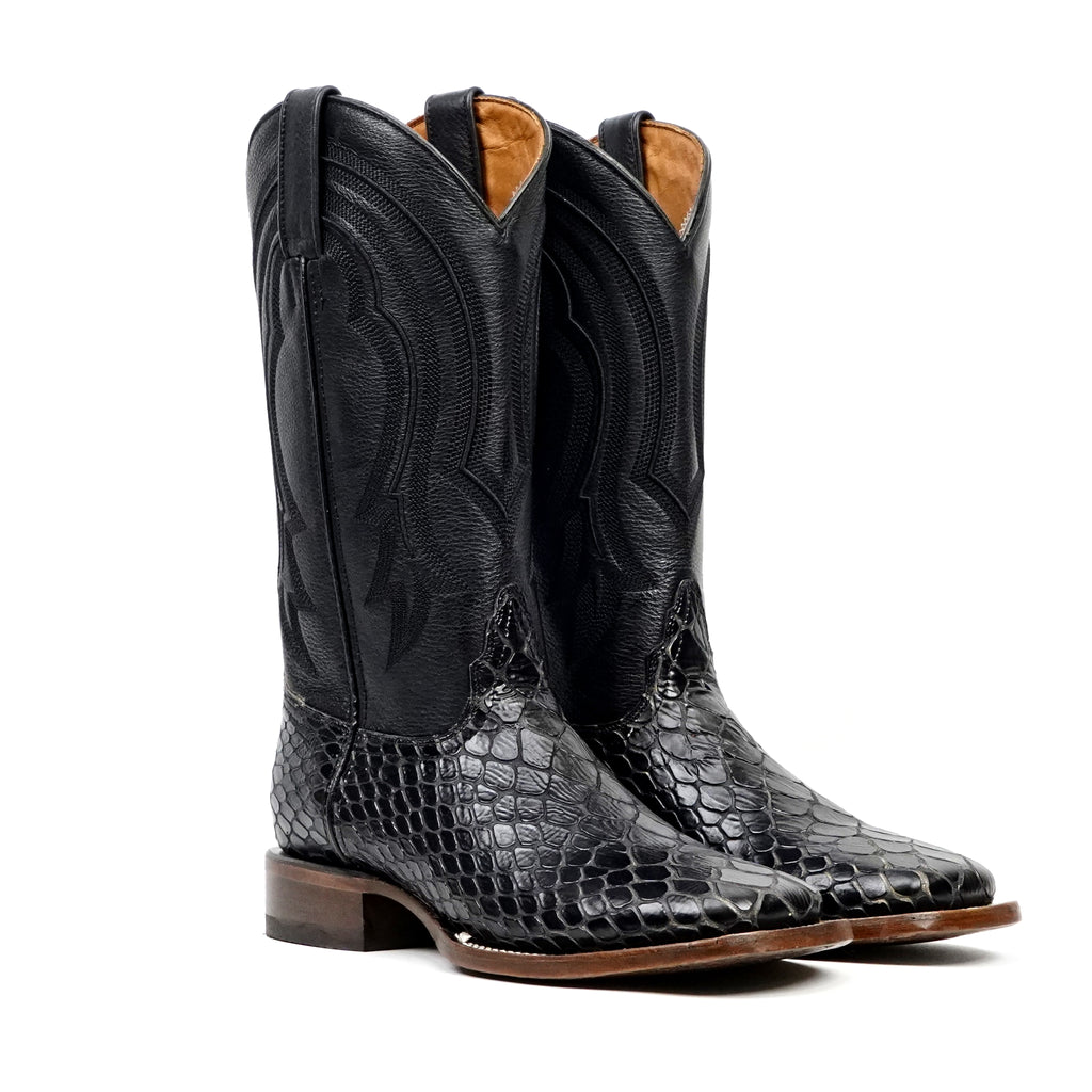 Botas vaqueras de serpiente - Piel gofrada negra - Punta cuadrada (E947)