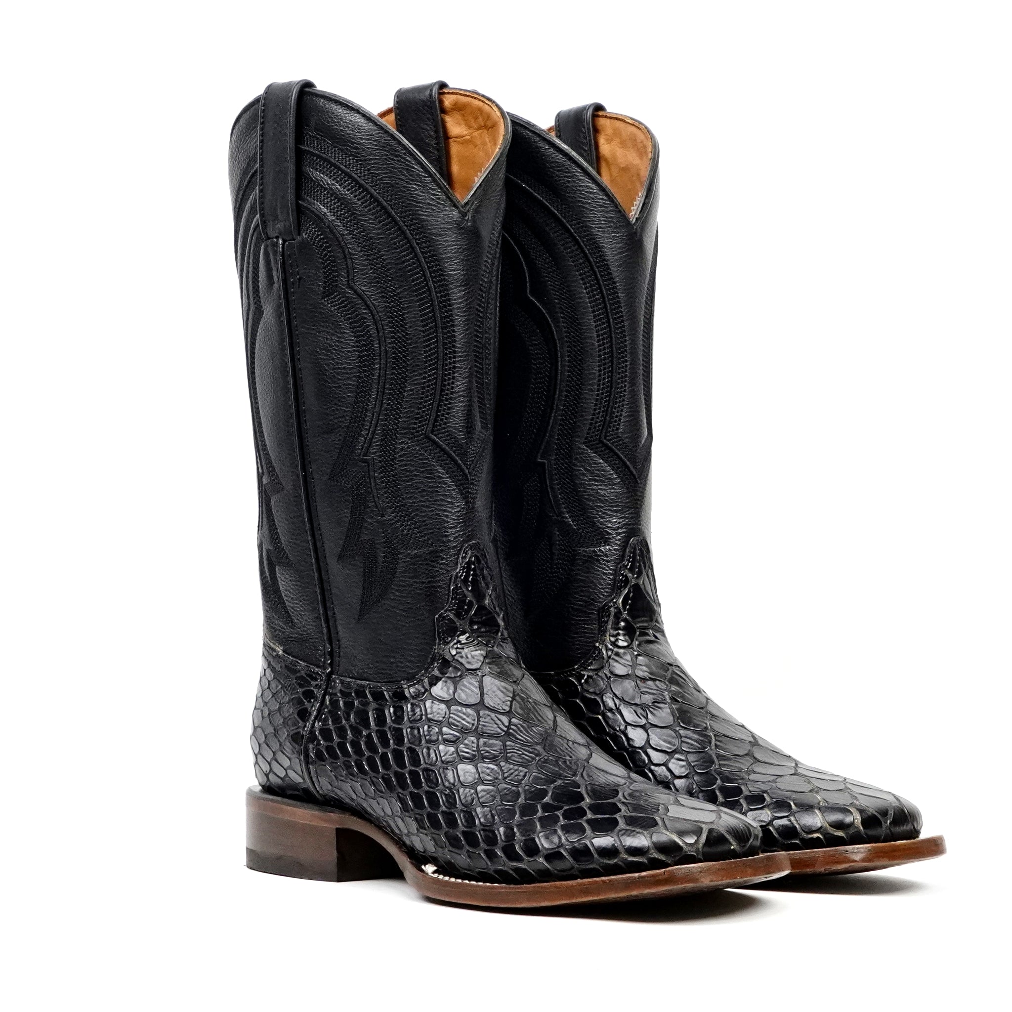 Snake Cowboy Boots- Black Embossed Leather - Square Toe (E947)