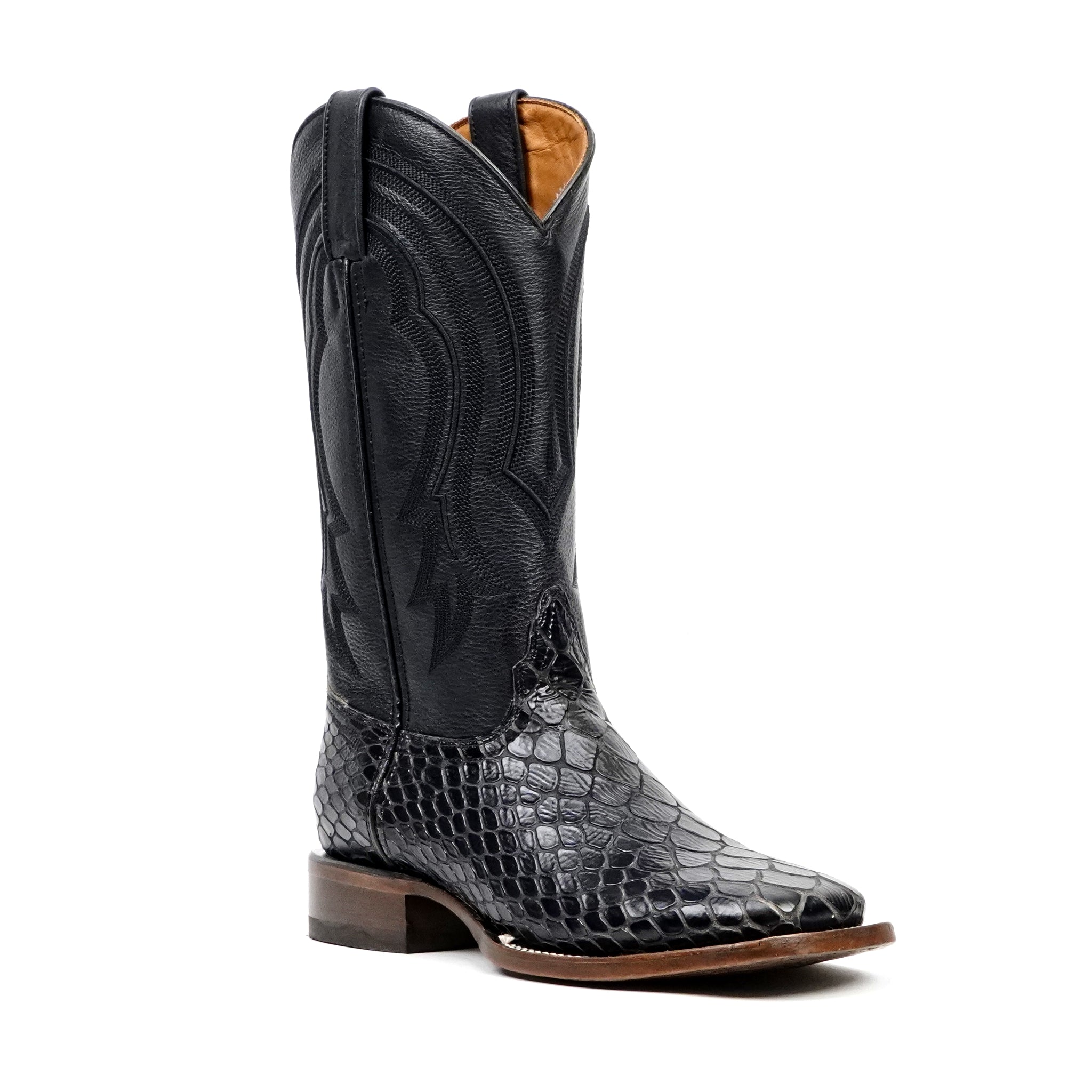 Snake Cowboy Boots- Black Embossed Leather - Square Toe (E947)