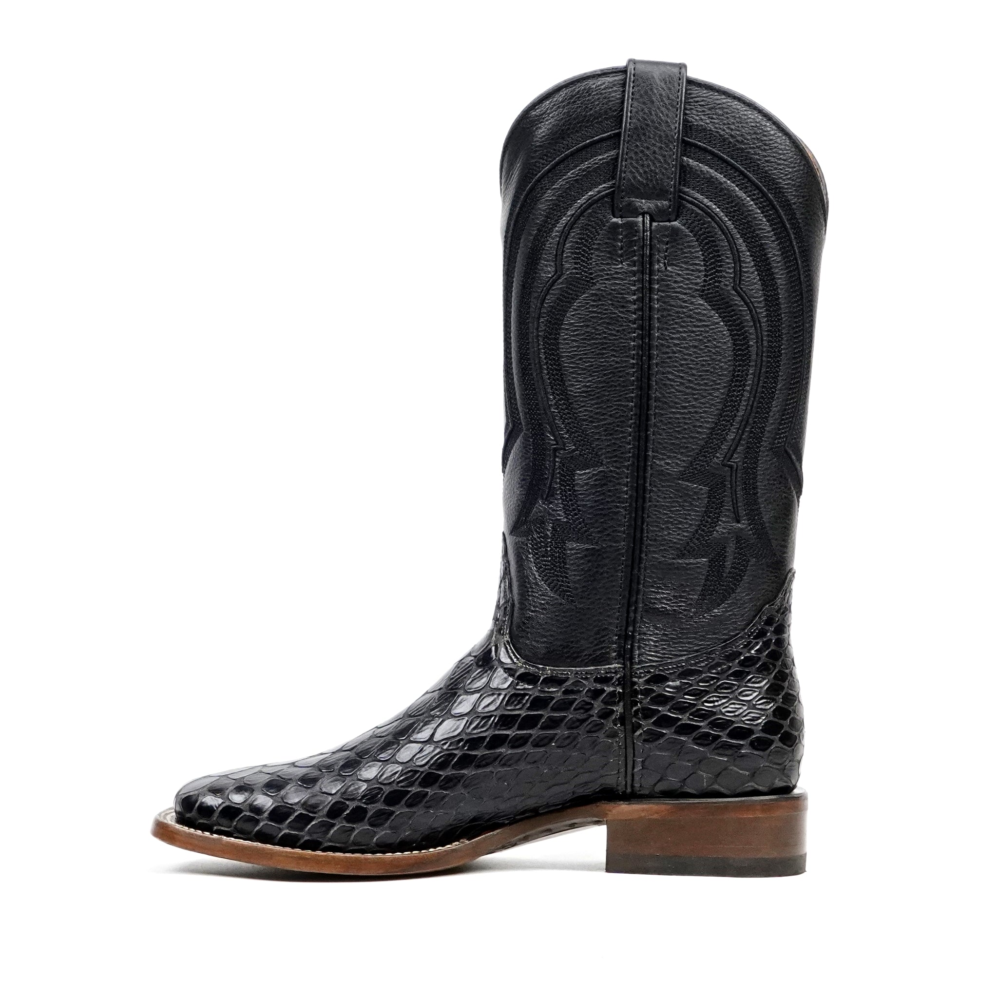 Snake Cowboy Boots- Black Embossed Leather - Square Toe (E947)