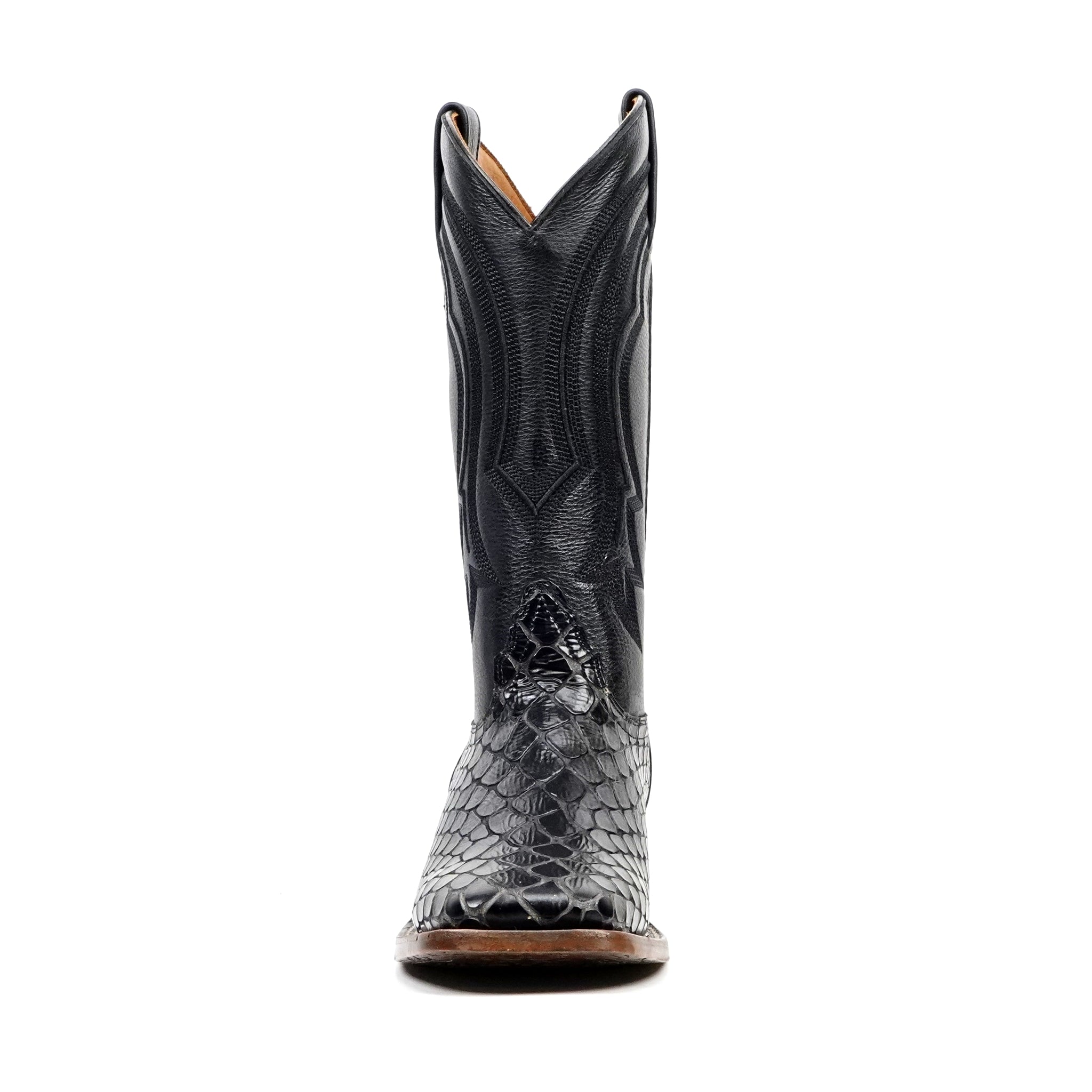 Snake Cowboy Boots- Black Embossed Leather - Square Toe (E947)