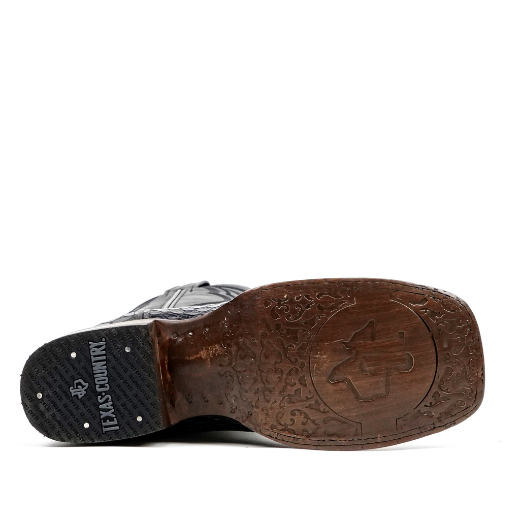 Botas vaqueras de serpiente - Piel gofrada negra - Punta cuadrada (E947)