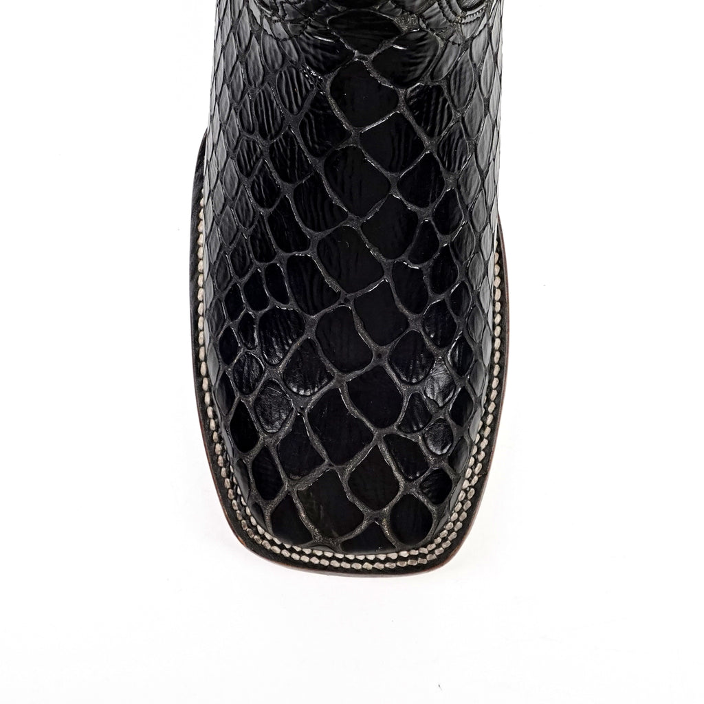 Botas vaqueras de serpiente - Piel gofrada negra - Punta cuadrada (E947)