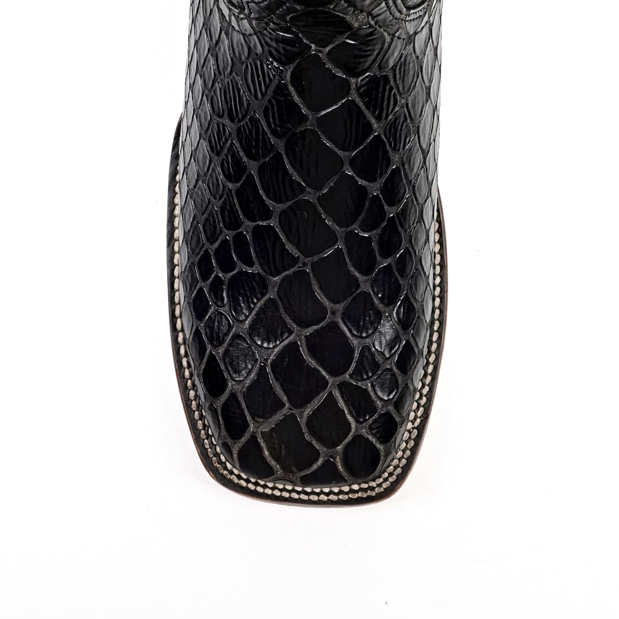 Snake Cowboy Boots- Black Embossed Leather - Square Toe (E947)