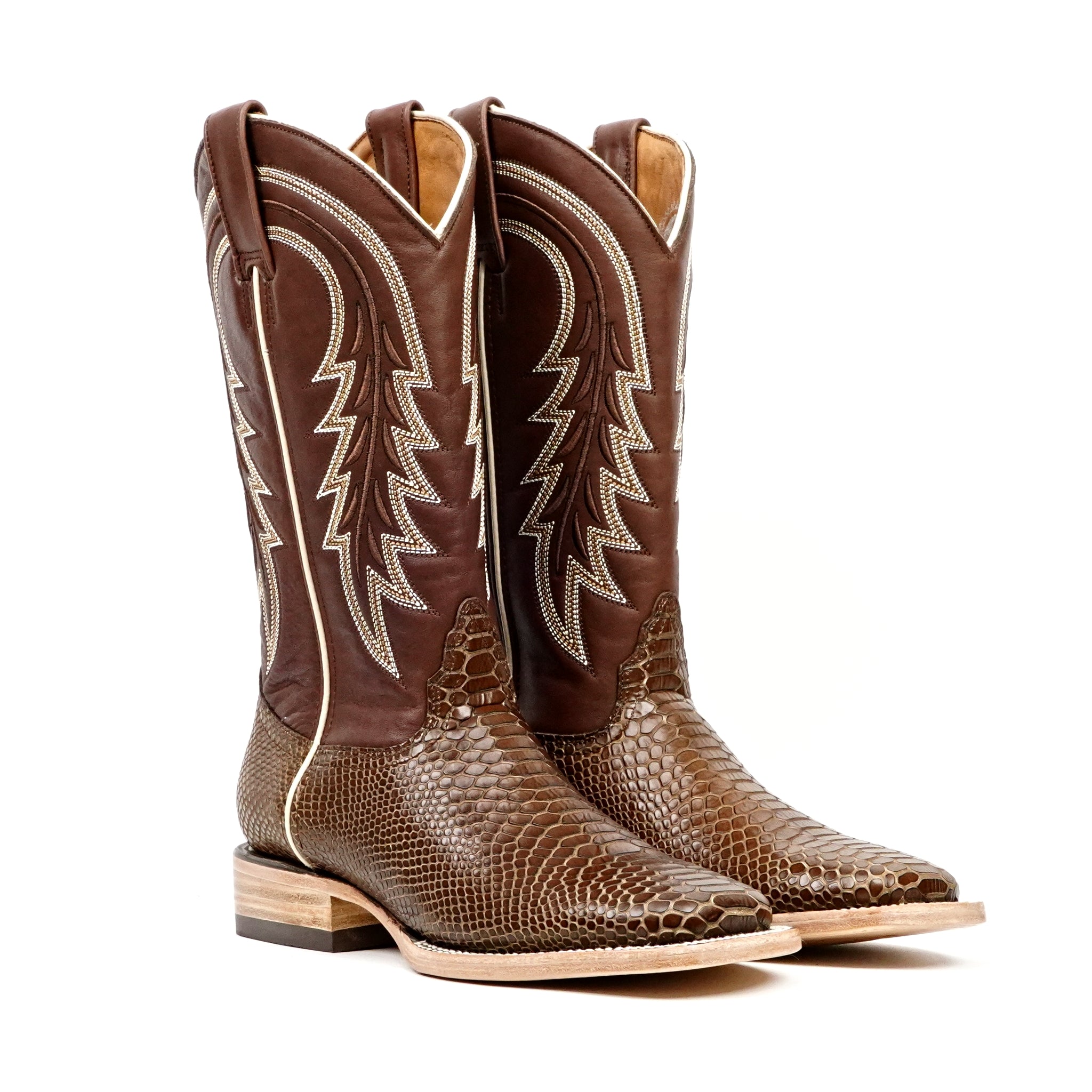 Snake Cowboy Boots - Brown Embossed Leather - Square Toe (E948)