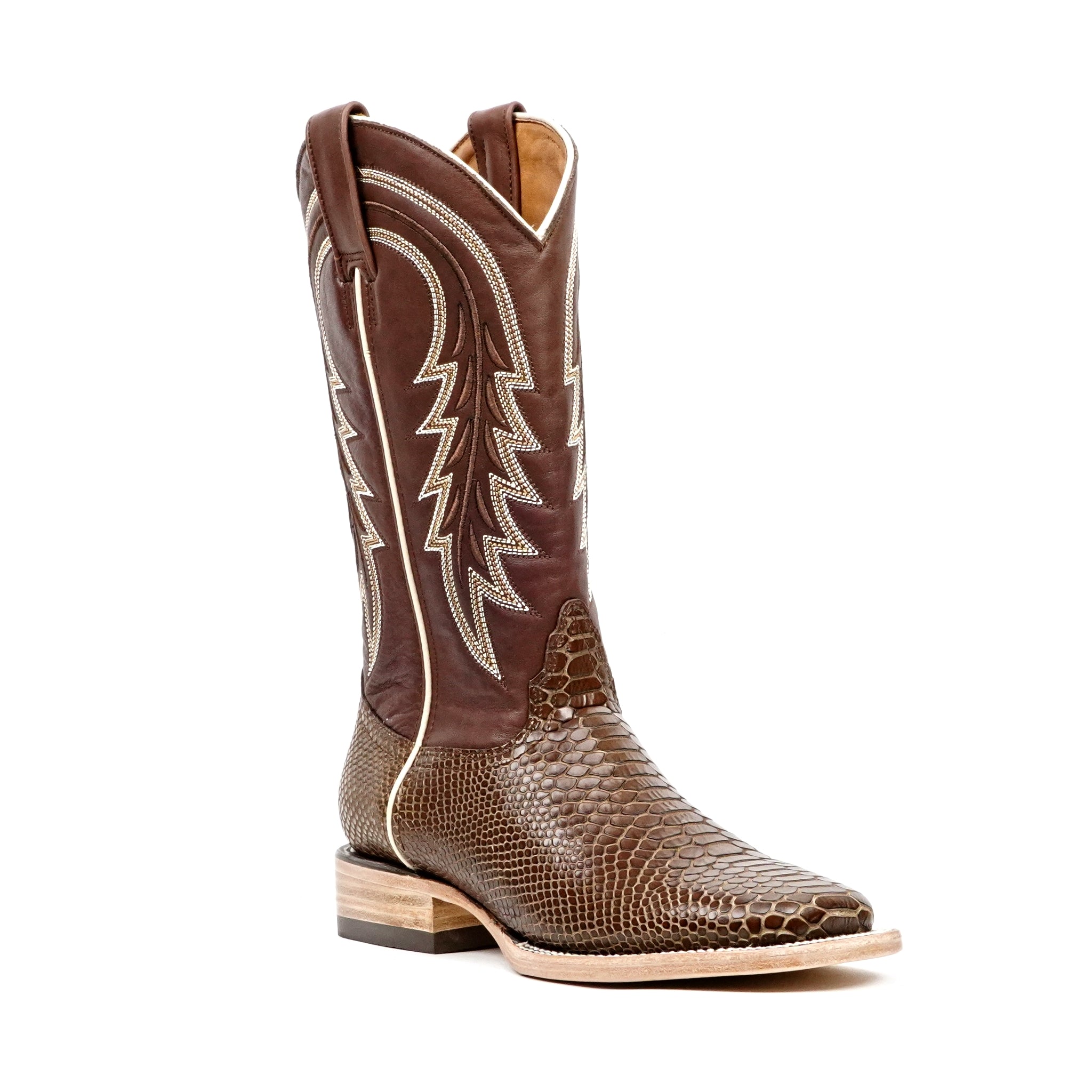 Snake Cowboy Boots - Brown Embossed Leather - Square Toe (E948)