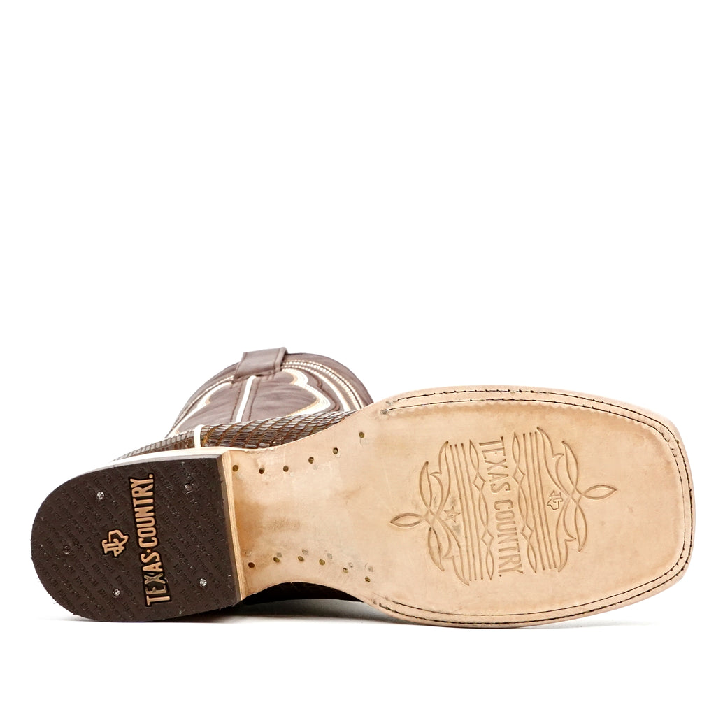 Botas vaqueras de piel de lagarto - Piel grabada marrón - Punta cuadrada (E949)