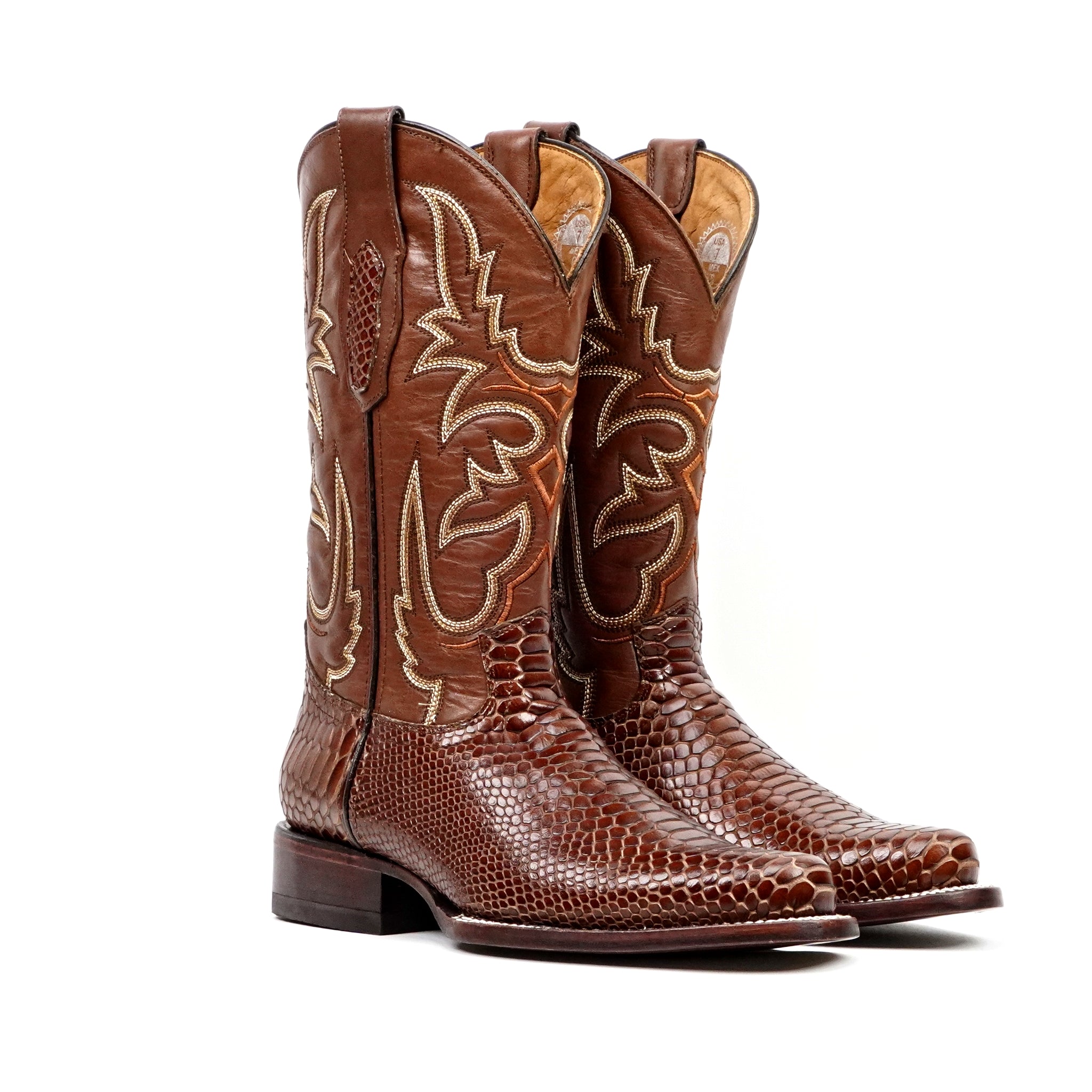 Snake Cognac Boots - Embossed Leather - Round Toe (E953)