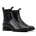 Black Snake Ankle Boots - Embossed Leather - Roper Toe (E955)