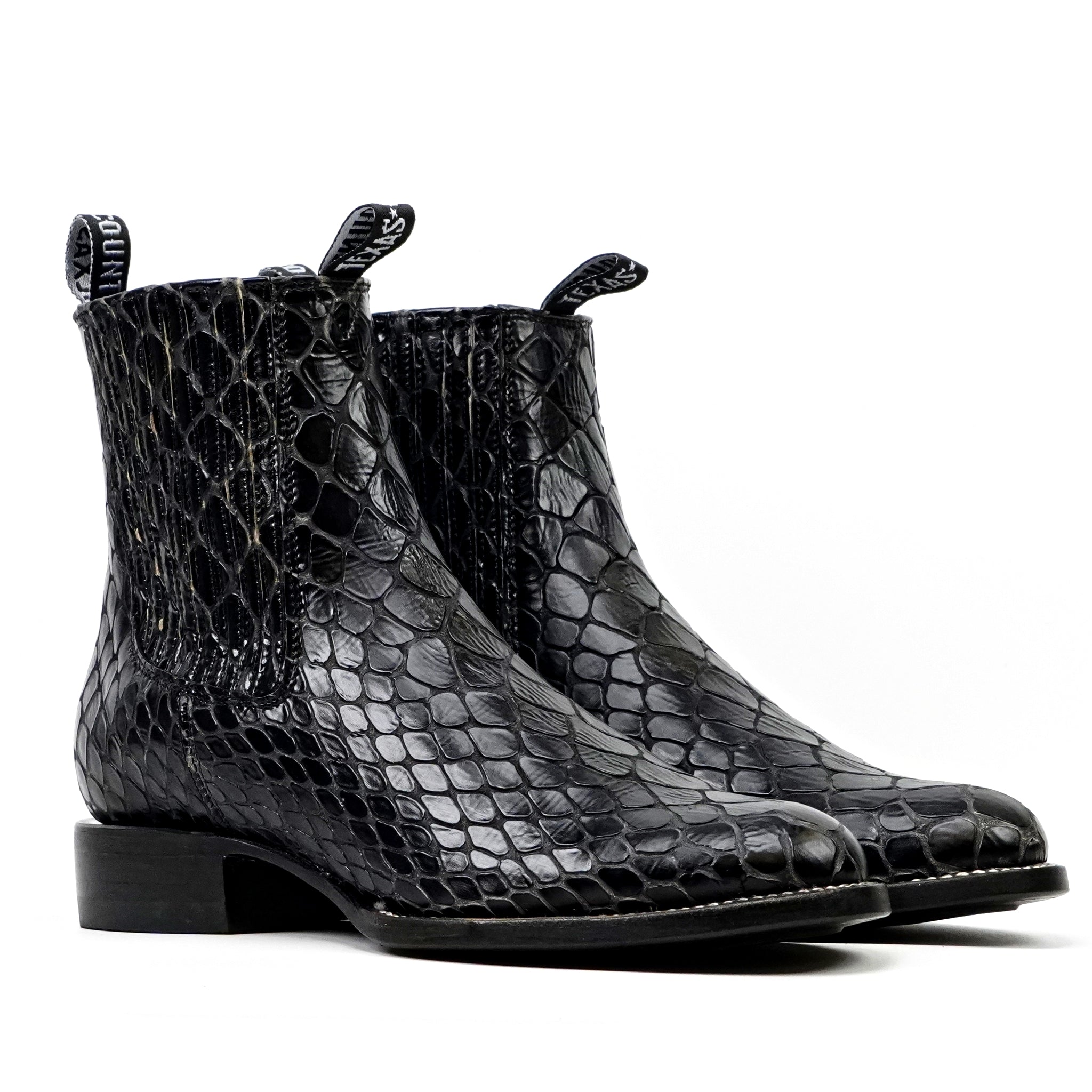 Black Snake Ankle Boots - Embossed Leather - Roper Toe (E955)