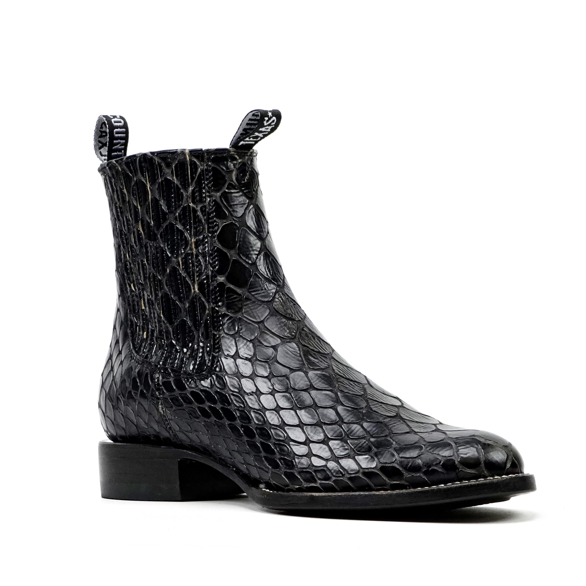 Black Snake Ankle Boots - Embossed Leather - Roper Toe (E955)
