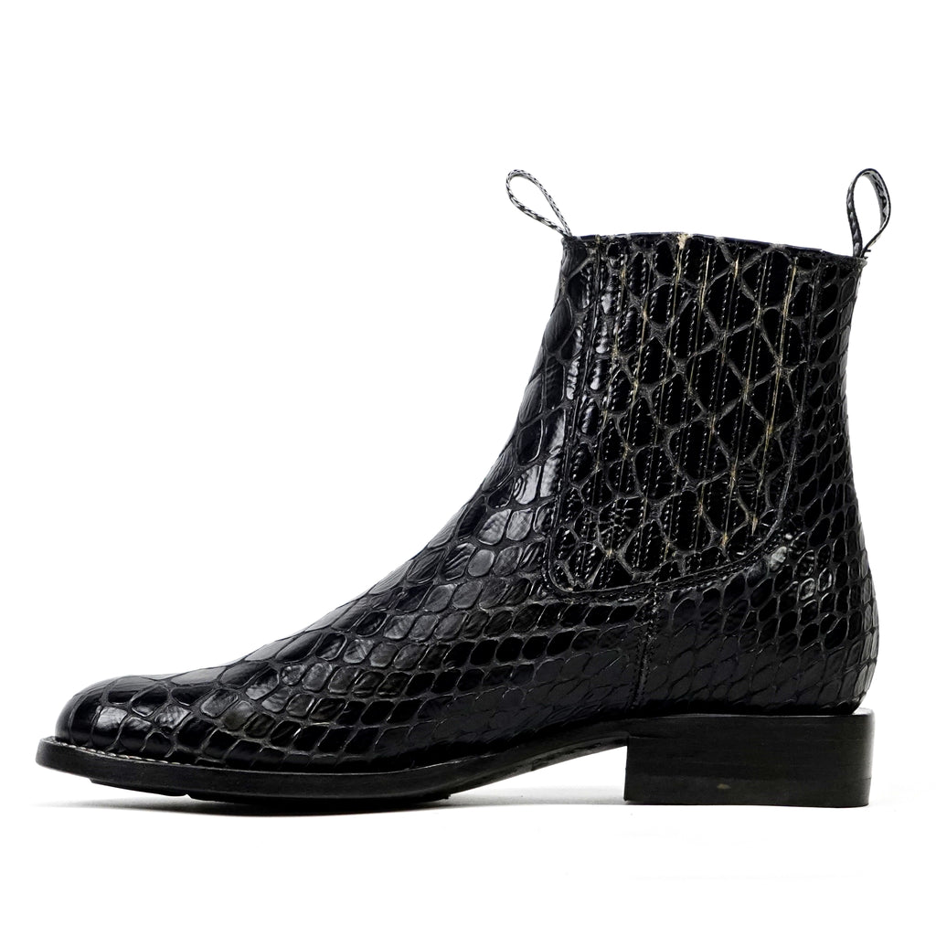 Black Snake Ankle Boots - Embossed Leather - Roper Toe (E955)