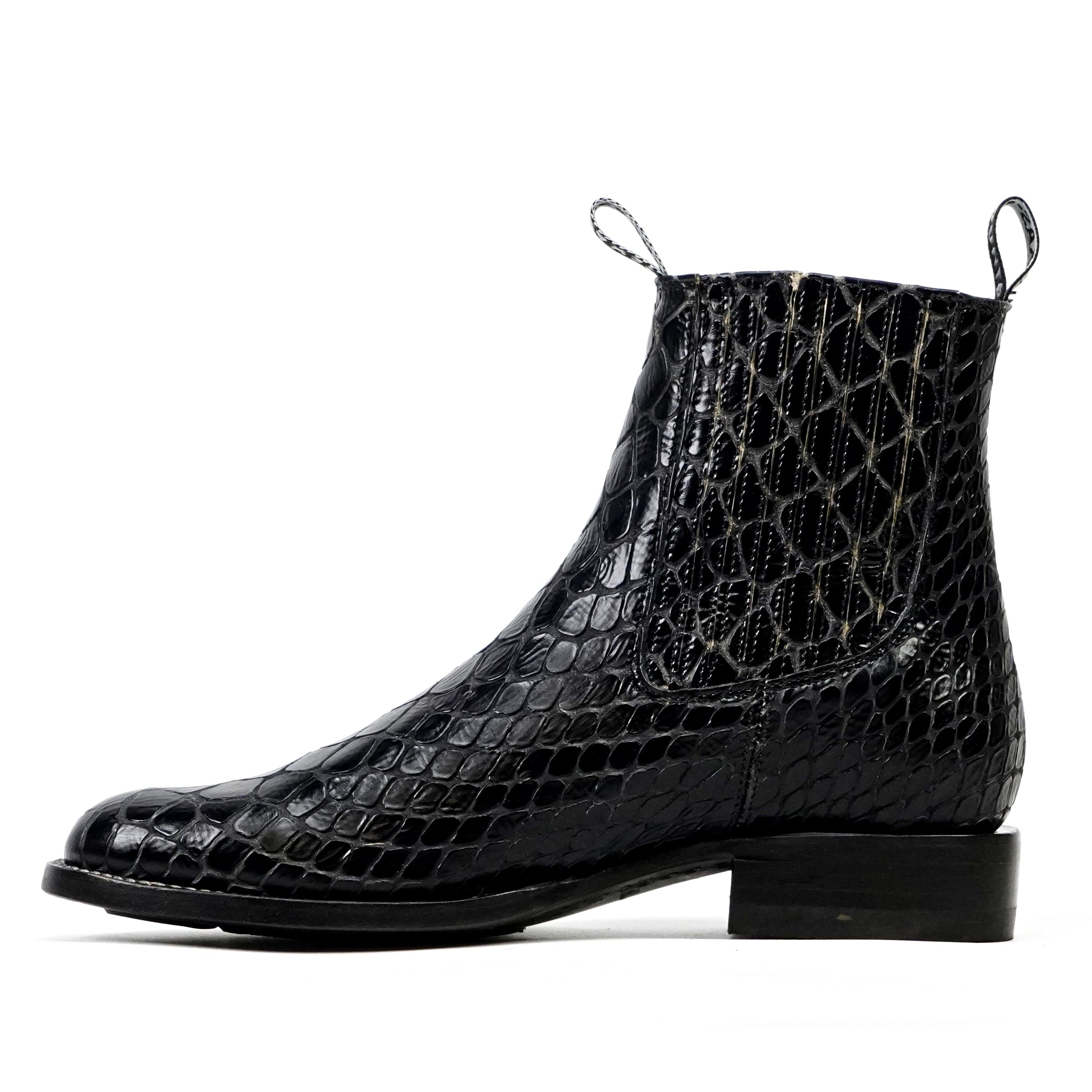 Black Snake Ankle Boots - Embossed Leather - Roper Toe (E955)