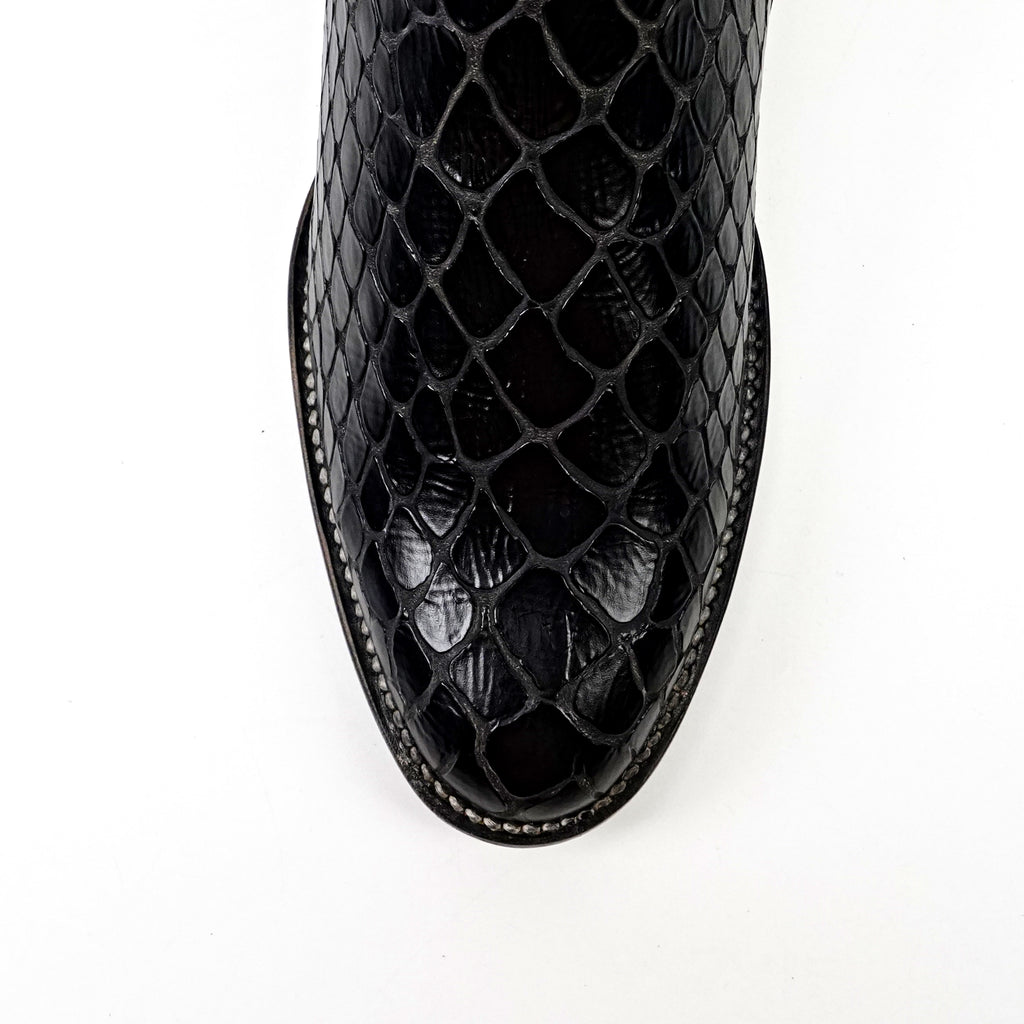 Black Snake Ankle Boots - Embossed Leather - Roper Toe (E955)